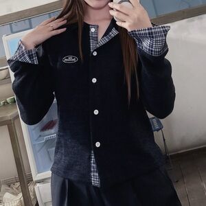 Korean Women's Navy Button-Up Jacket with Plaid Trim